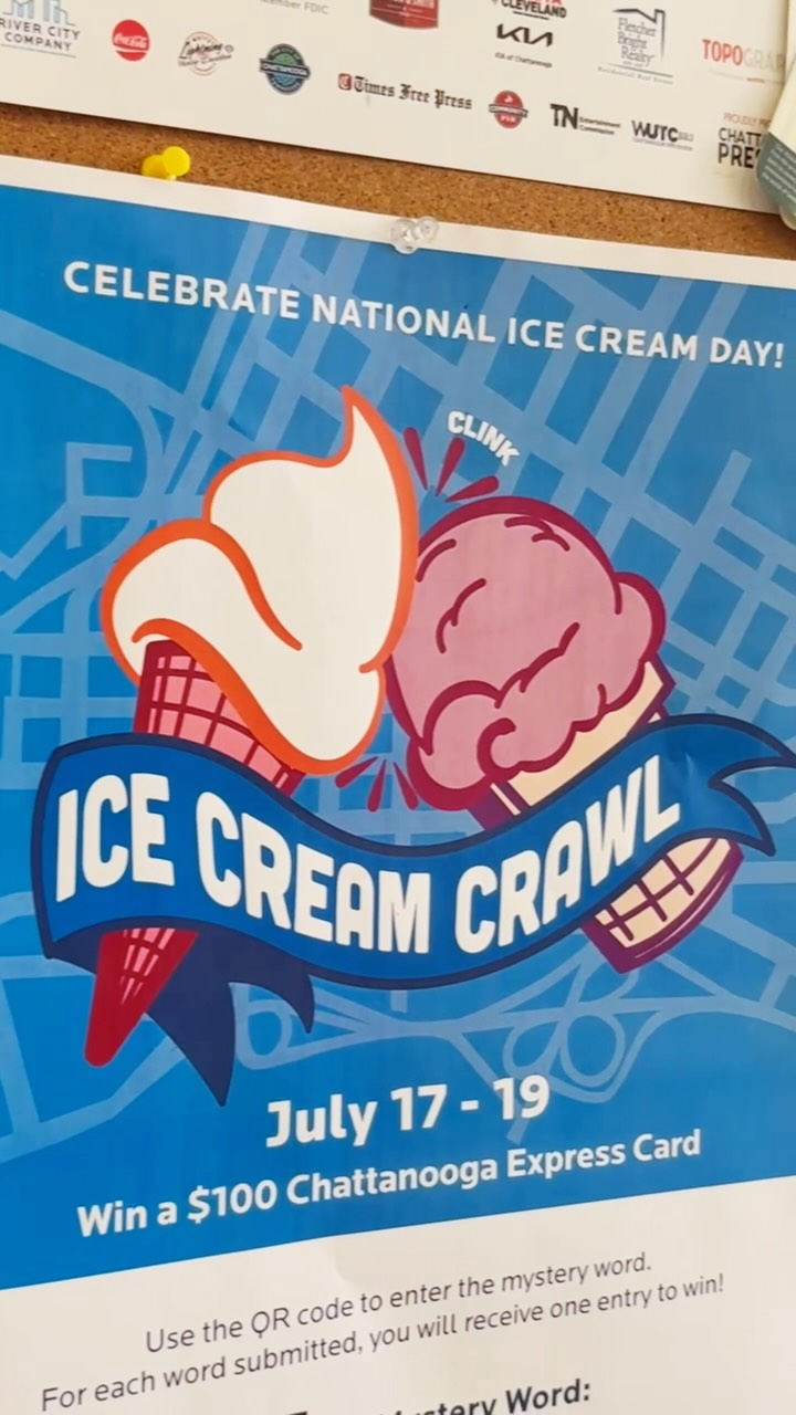 What flavor are YOU getting?! 🍦 Celebrate National Ice Cream Day all weekend (July 17–19, 2026) by joining the Downtown Chattanooga Ice Cream Crawl!! Visit participating parlors and scan the QR code when you order your treat to register to win a $100 Chattanooga Express Card and ice cream prize packages!! 🍦 ❤️ 

Locations include: 
📍 @clumpies 
📍 @scooparoundicecreambar 
📍 @theicecreamshow 
📍 @coldstonechattanooga 
📍 @milkandhoneychattanooga
