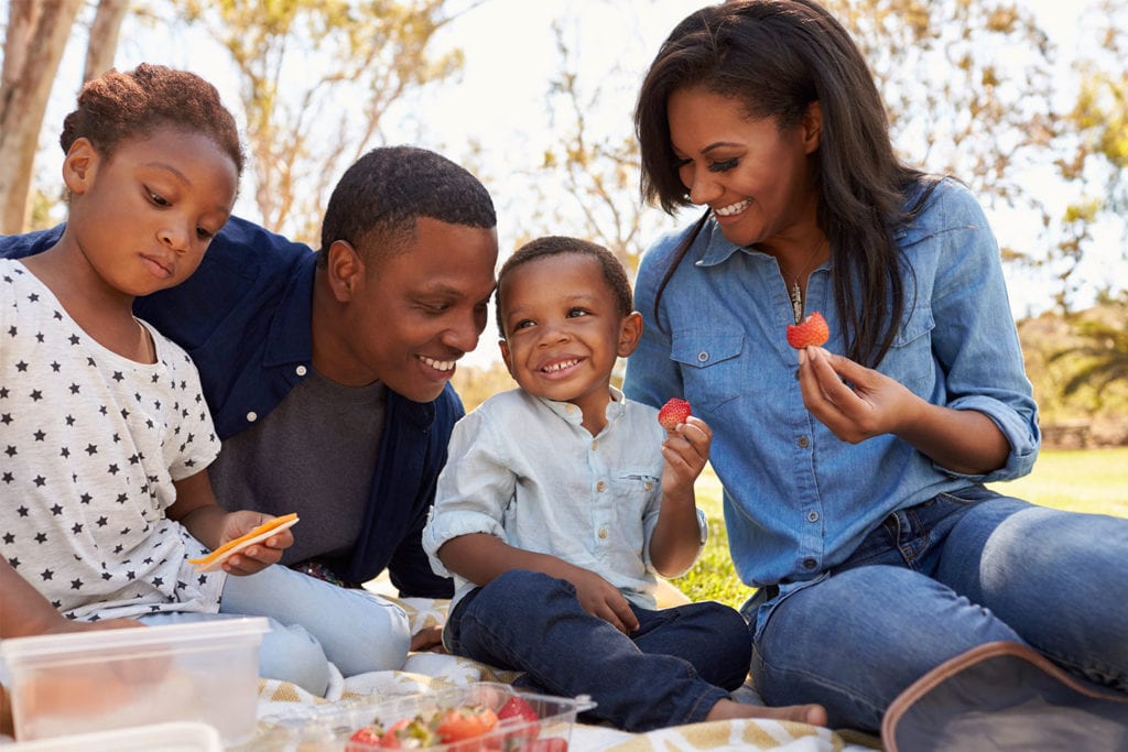 family eating strawberries at a picnic