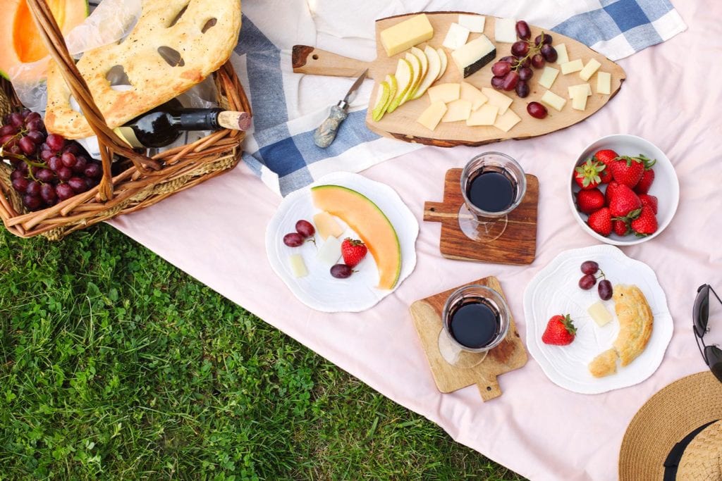 fruit, wine, and cheese picnic