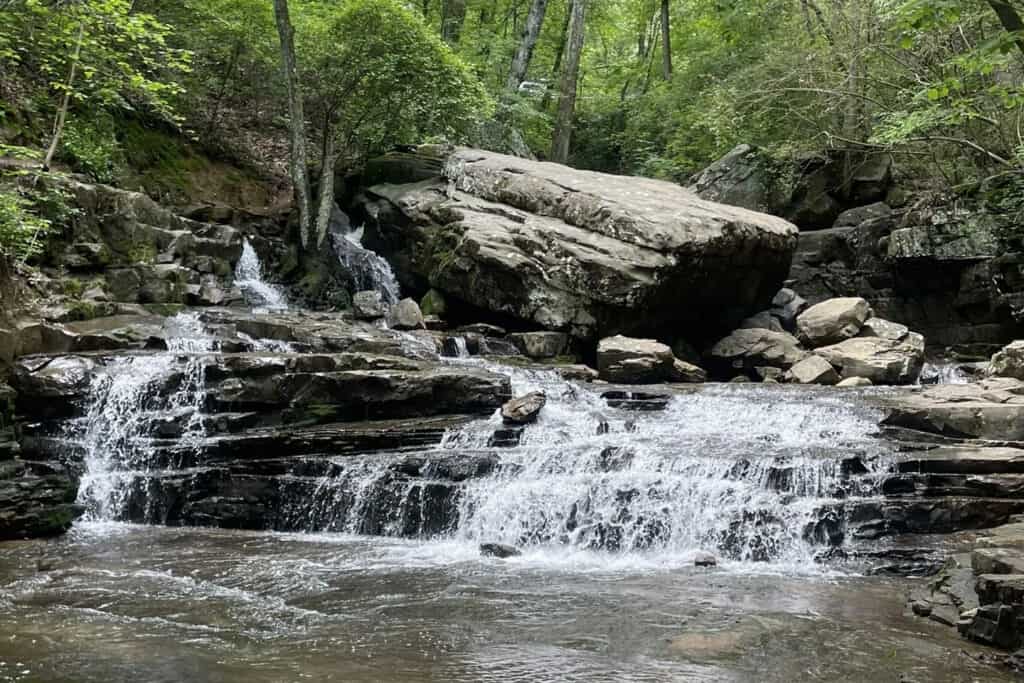 A serene waterfall cascades over rocky ledges surrounded by lush green trees in a tranquil woodland setting.