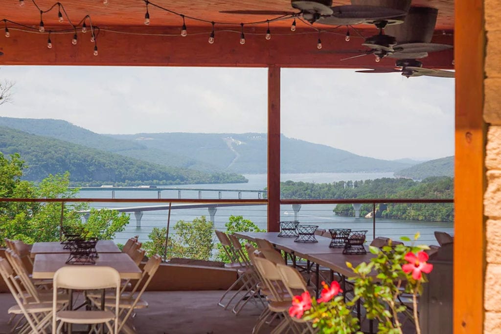 outdoor dining space with a view of the Tennessee River at Lookout Winery, photo courtesy of Lookout Winery
