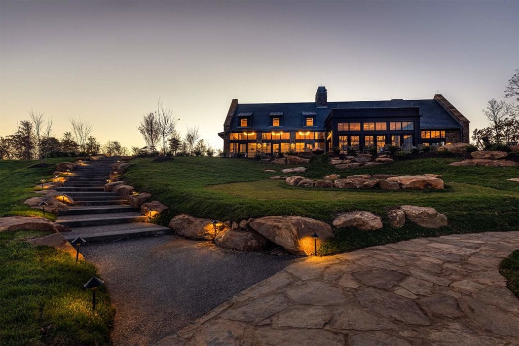 path leading to the Clubhouse at McLemore at dusk; Photo by Lanewood Studio