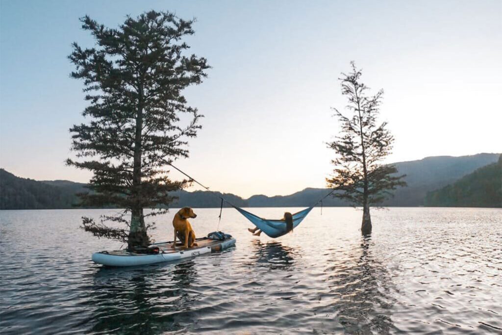 l2 outside paddleboard SUP with golden retriever and hammock