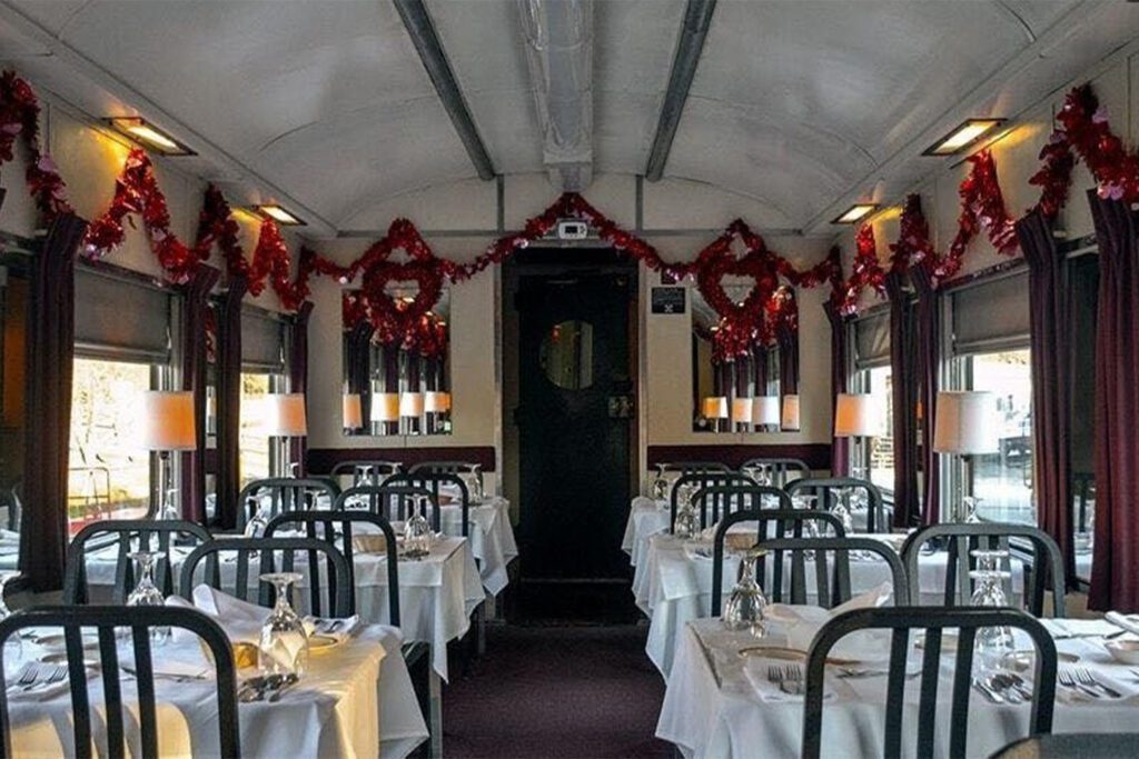 Tennessee Valley Railroad train decorated for Valentine's Day.
