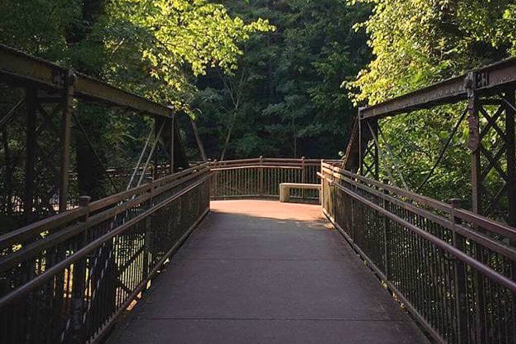 walking bridge in a wooded area at wolftever Creek Greenway