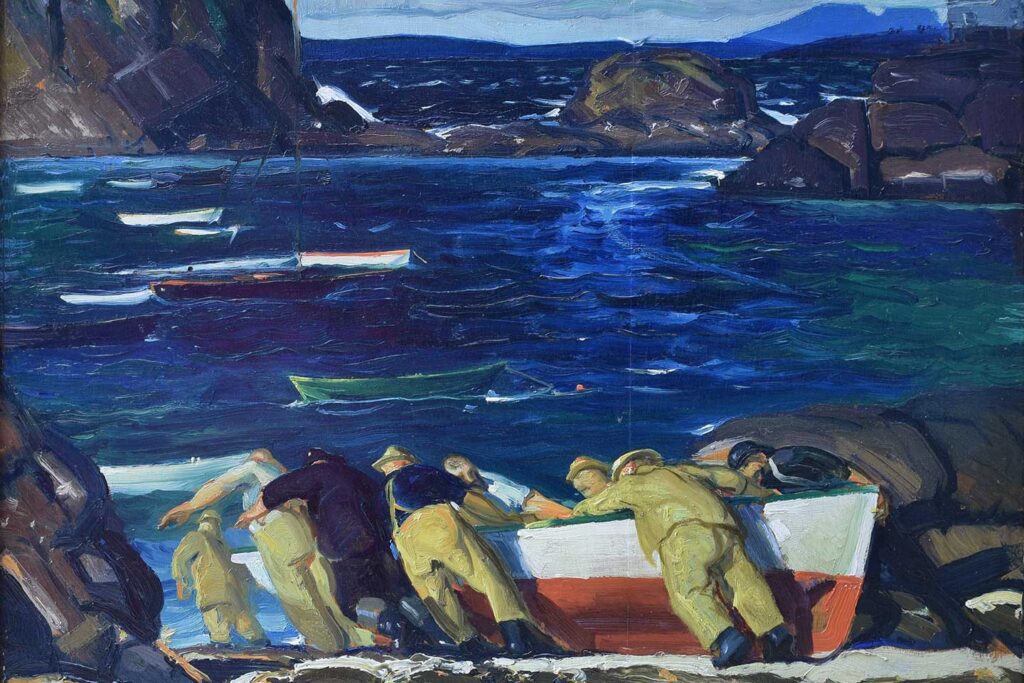 Painting of men pushing a wooden boat into water by George Bellows