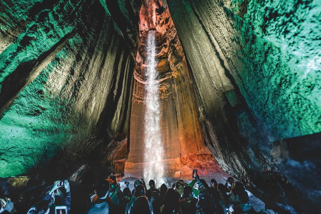 Ruby Falls waterfall with guests looking up