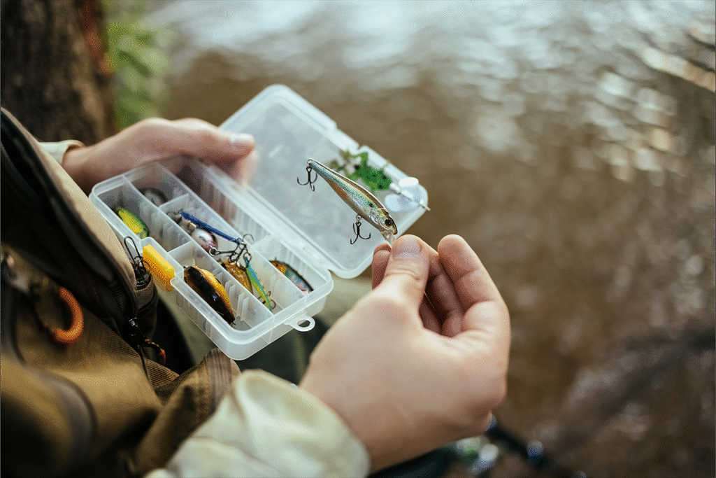 Close up of bait and tackle in a fishermans hand with a river in the background