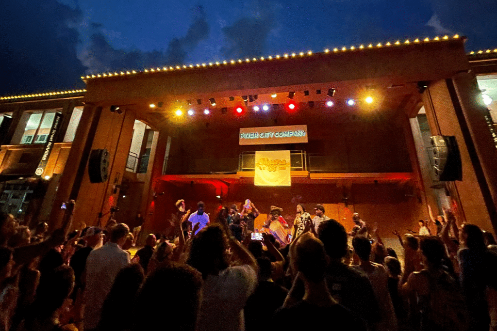 Lit up stage at Nightfall Concert at night