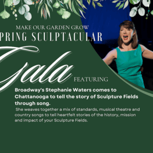 A vibrant gala announcement featuring Stephanie Waters, with floral decorations and details about Sculpture Fields storytelling.