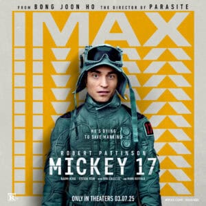 A soldier in a green uniform and goggles stands against a bright yellow background with the title "Mickey 17" featured.