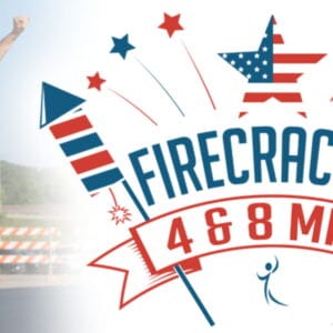 A joyful runner crosses the finish line with arms raised, surrounded by festive fireworks graphics and event details.