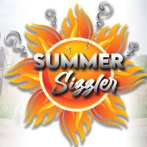A vibrant sun graphic with "SUMMER Sizzler" text, surrounded by runners joyfully participating in a race.