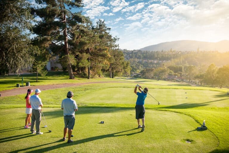4 men playing gofl on a golf course