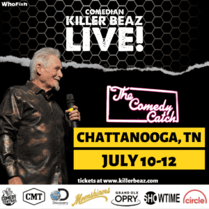 A comedian performs on stage, promoting "Killer Beaz Live!" at The Comedy Catch in Chattanooga, TN, July 10-12.