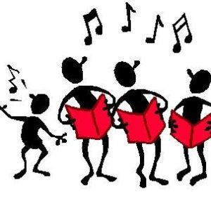 Four stick figures, three singing from red books, with music notes floating above them and one figure off to the side.