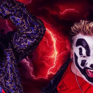 Two performers with clown makeup and flashy outfits pose against a dramatic, colorful lightning background.
