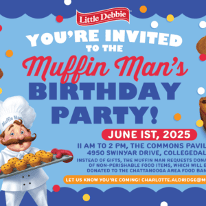 A cheerful invitation for a birthday party featuring a friendly baker, with event details and a playful design.