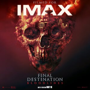 A dark, ominous skull composed of a city skyline, smoke and fire create an intense backdrop for "Final Destination: Bloodlines."