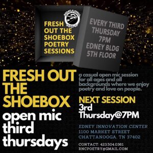 Advertisement for Fresh Out The Shoebox event with books in the background.