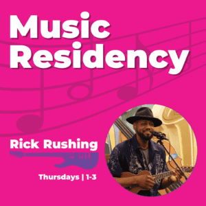 Music residency logo with a picture of a man against a pink background