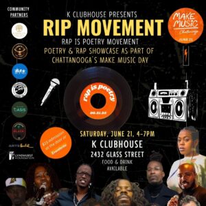 Colorful poster advertising the RIP Movement event, featuring poetry and rap showcases, with date, time, and location details.