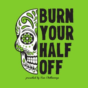 A decorative skull design with floral patterns and bold text, set on a vibrant green background.