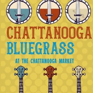Colorful graphic featuring banjos and the text “Chattanooga Bluegrass at the Chattanooga Market” on a dotted background.