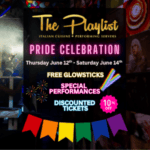 Colorful promotional poster for a pride celebration event featuring bold text, icons for glowsticks, performances, and discounts.