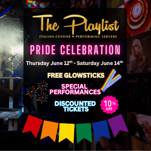 Colorful promotional poster for a pride celebration event featuring bold text, icons for glowsticks, performances, and discounts.