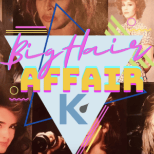 A collage of retro fashion photos featuring models with big hair, overlaid with colorful geometric shapes and text.