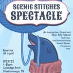 Colorful poster for "Scenic Stitches Spectacle," featuring a playful animal in a sweater, yarn, and event details.
