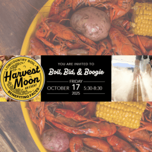A vibrant seafood boil featuring crawfish, potatoes, and corn with an event invitation overlay for "Boil, Bid, & Boogie."