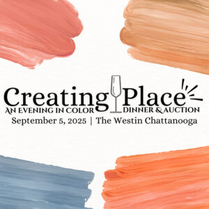 Event promotional graphic featuring colorful brush strokes, text for Creating Place dinner and auction on September 5, 2025.
