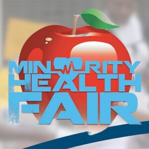 A graphic featuring a red apple with a green leaf, overlaid with the text "Minority Health Fair" in bold blue letters.