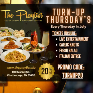 Promotional graphic for Turn-Up Thursdays featuring a guitar, food, drinks, and entertainment details for July events.