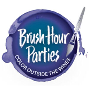 Logo featuring a purple paint splash with a paintbrush and the text "Brush Hour Parties: Color Outside the Wines."