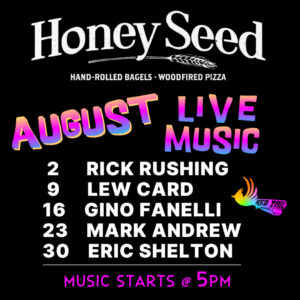 A promotional graphic for Honey Seed showcasing live music events in August with a colorful design and lineup of artists.