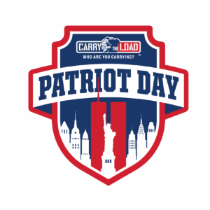 Red shield with "Patriot Day" text, featuring silhouettes of the Statue of Liberty and iconic New York City skyline.