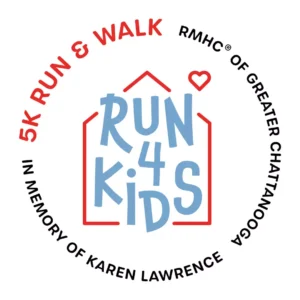 Logo for a 5K run and walk event, featuring text "Run 4 Kids" with a heart, surrounded by a circular border.