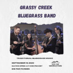 A bluegrass band performing with instruments, showcasing a lively atmosphere and event details at Plat Top Mountain Farm.