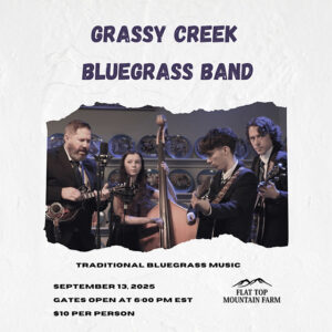 A bluegrass band performing with instruments, showcasing a lively atmosphere and event details at Plat Top Mountain Farm.