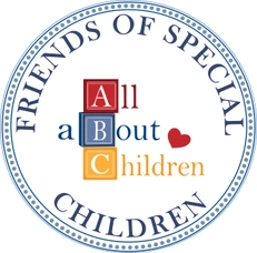 Logo featuring the text "Friends of Special Children" with colorful blocks and a heart, centered in a circular design.