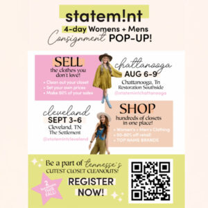 Colorful promotional graphic for a consignment pop-up featuring details on dates, locations, and a QR code for registration.