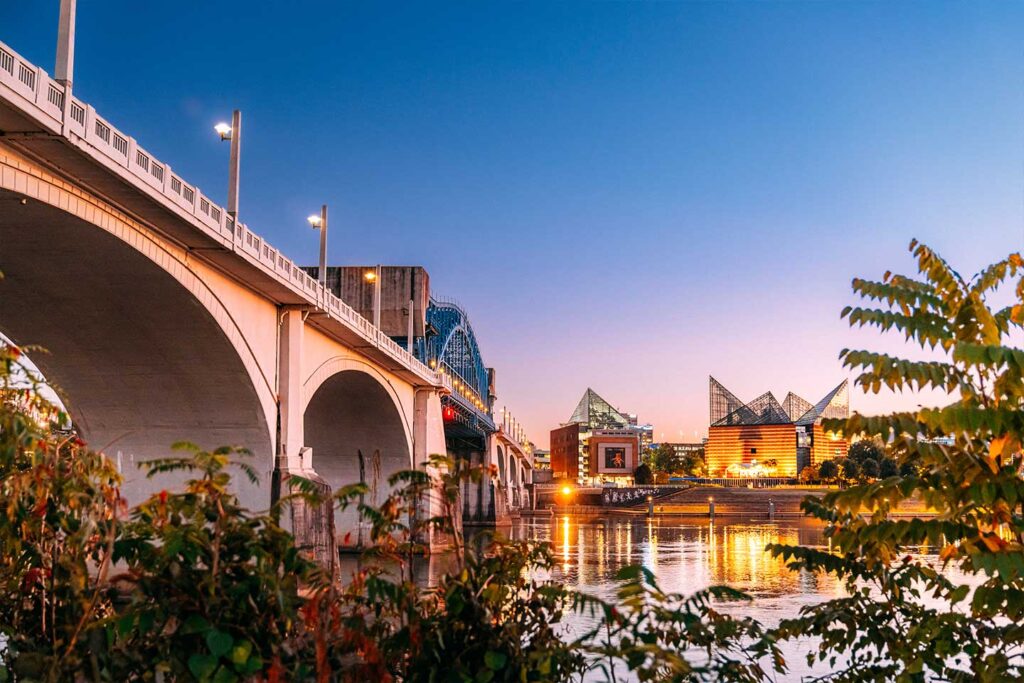 Historic Chief John Ross Drawbridge and the Chattanooga Tennessee Skyline at Dusk