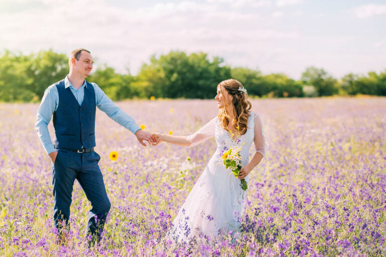 Spring wedding in lavender field