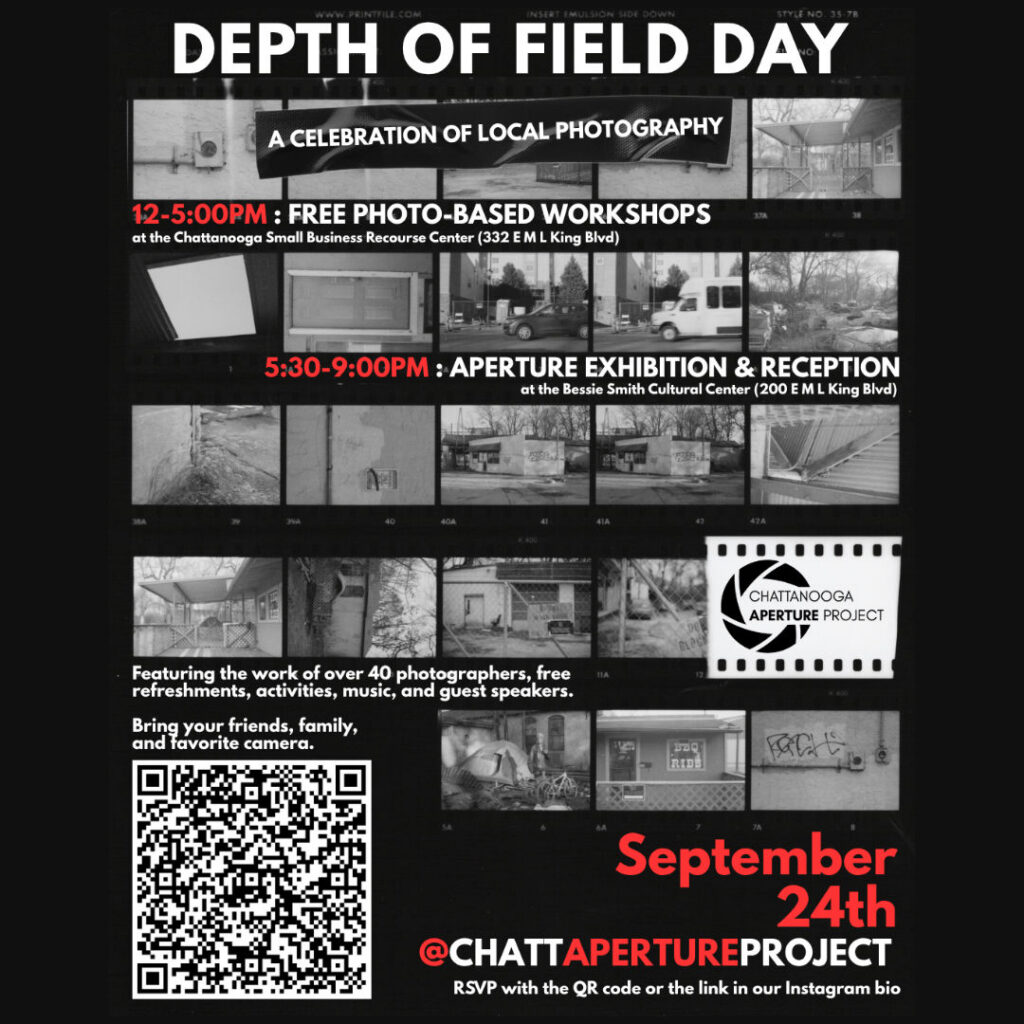 A poster for "Depth of Field Day," a celebration of local photography, featuring a schedule of events including photo-based workshops and an Aperture exhibition and reception, along with details.